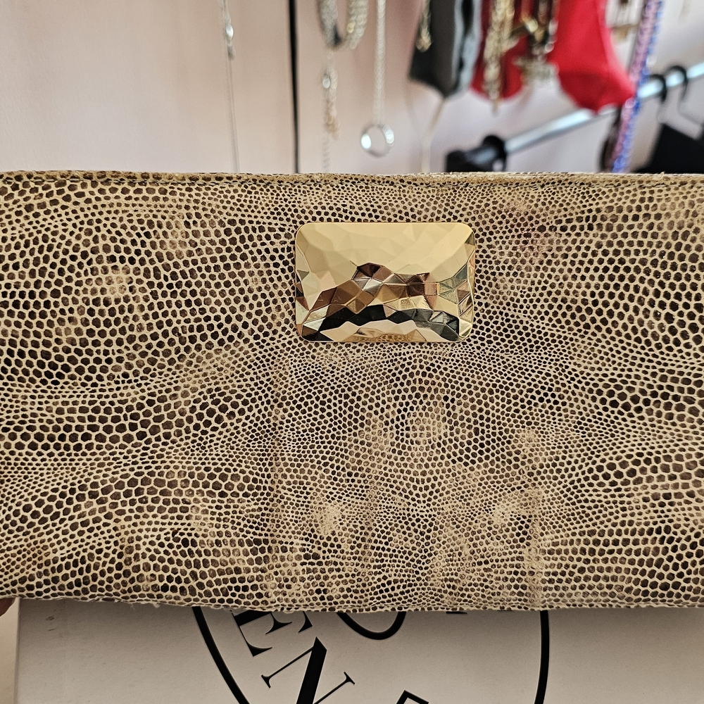 Michelle Fantaci for Lauren Merkin Elegant Tan Clutch with Gold Accent
